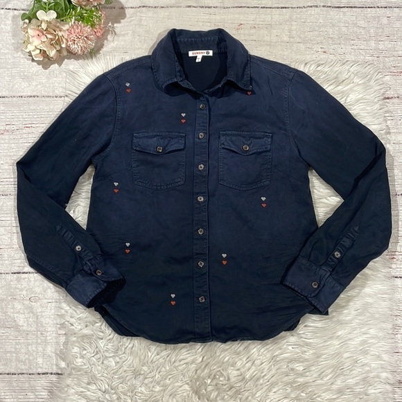 Sundry Hearts Embroidered Button Down Shirt in Sunfaded Navy - Picture 2 of 10